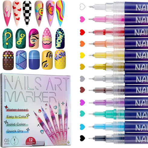 Nail Art Pens 12 Colors Quick Dry Nail Pen DIY Nail Art Markers Quick Dry Graffiti for Gel Nails Nails Art Drawing Tool 3D Nail Polish Pens for Painting Nail Art at Home TA639-12