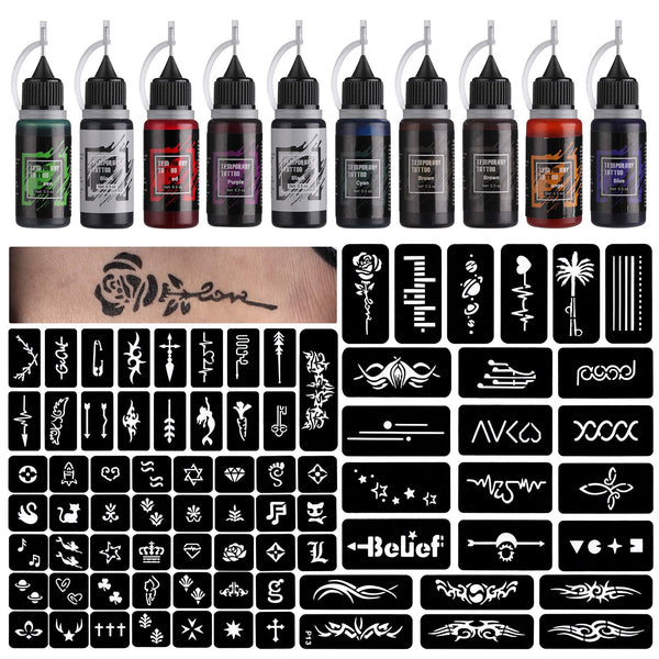 STIGMA Temporary Tattoo Kit 10 Bottles Color Inks & 84 Pcs Stencils