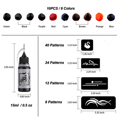 STIGMA Temporary Tattoo Kit 10 Bottles Color Inks & 84 Pcs Stencils
