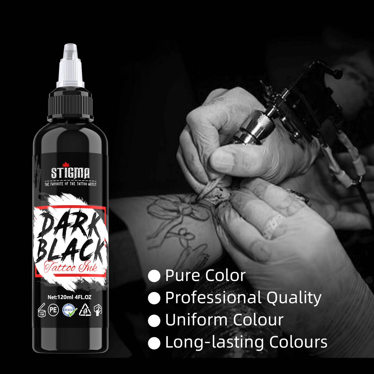 Tattoo Ink Dark Black Pure Black & Concentrated Black 120ml Stigma (si ...