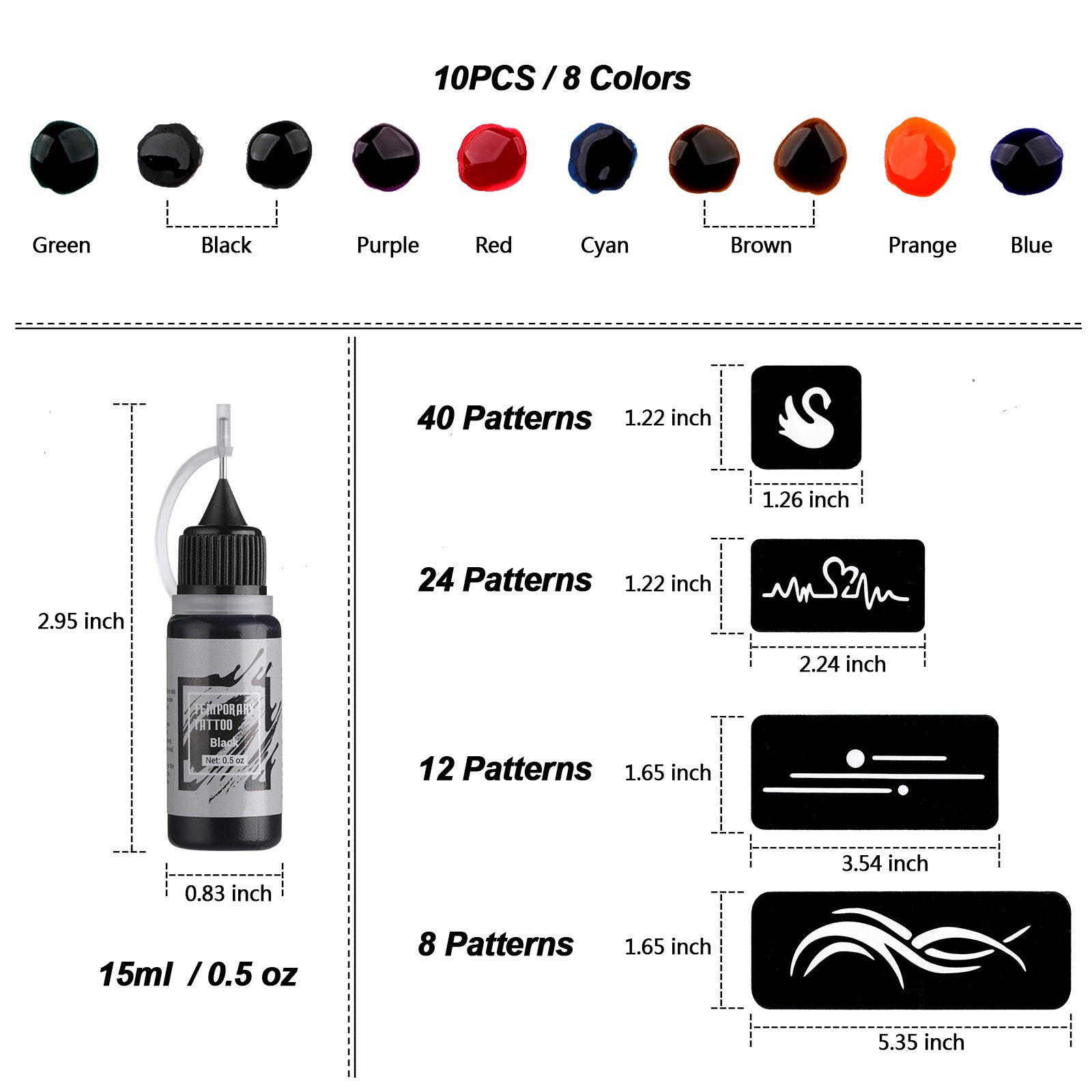 STIGMA  Temporary Tattoo Kit 10 Bottles Color Inks & 84 Pcs Stencils